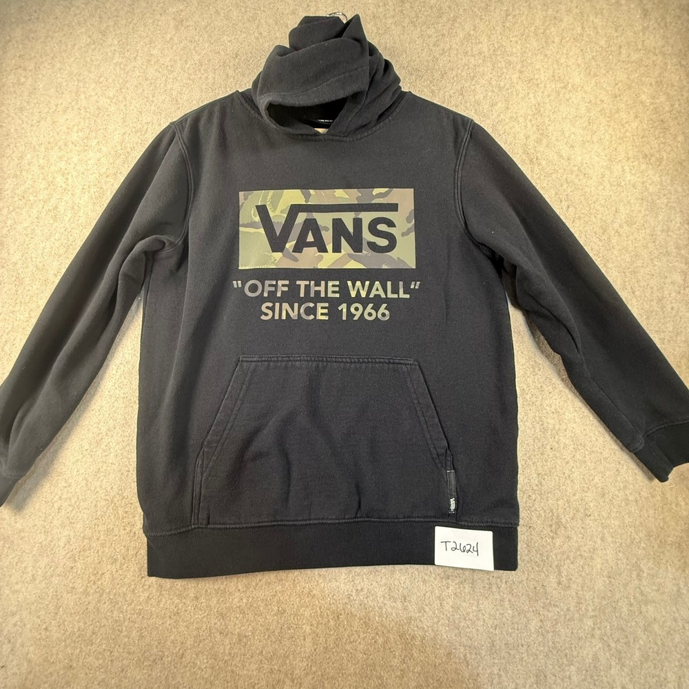 Vans Off The Wall Camo Logo Hoodie Black Mens Large Fleece Pullover Sweatshirt